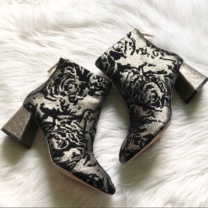 Nanette Lepore Rose Pewter Brocade Heeled Bootie Square Toe